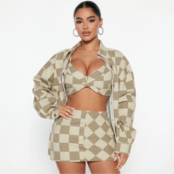 Fashion Nova Dresses & Skirts - NWT Fashion Nova 3 Pc Checkered Plaid Skirt Set Size L Crop Top Jacket Skater